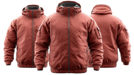 Red Tactical Jackets: An eye-level shot of three stylish, red tactical jackets. The jackets are designed for tactical purposes. It gives a vibrant display of rugged elegance and high-performance gear.