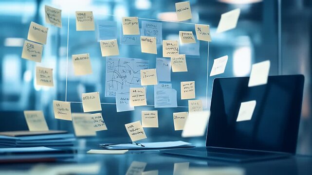 Desktop with scattered notes on a glass panel and open laptop in soft blue hues