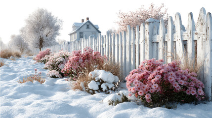 Winter's Embrace: A picturesque winter scene unfolds, showcasing a quaint cottage nestled beside a snow-covered picket fence and vibrant, frosted plants. The landscape glistens under the crisp.