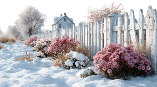 Winter's Embrace: A picturesque winter scene unfolds, showcasing a quaint cottage nestled beside a snow-covered picket fence and vibrant, frosted plants. The landscape glistens under the crisp.