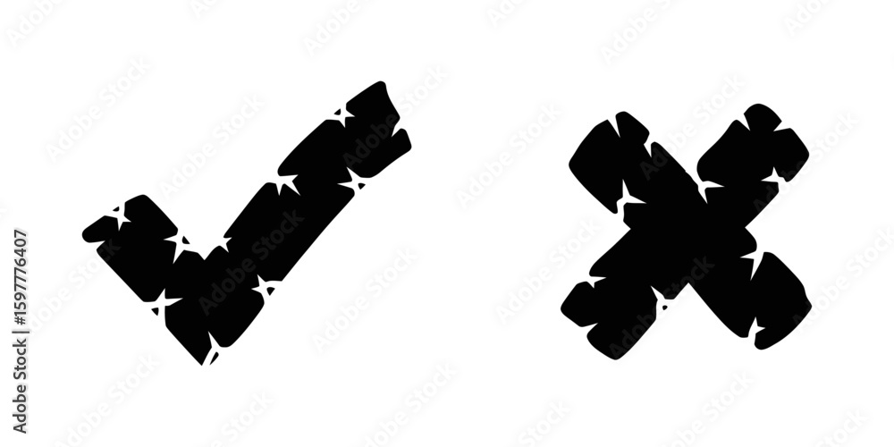 Poster grunge check and cross mark icon set with distressed stamp texture for dirty design element validati
