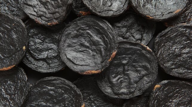 Flat lay of burned blackened potato slices with scorched edges. Carcinogens in food, food safety issues, acrylamide formation, harmful cooking techniques