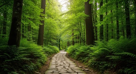 Obraz premium A stone path winding through a lush green forest