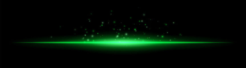 Horizontal light beam with scattered particles rising upward. Bright center with smooth radial glow and dispersed floating elements above.