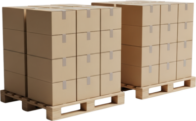 Two stacks of cardboard boxes sit on wooden pallets Pallets and boxes are taped shut 89 characters transparent background