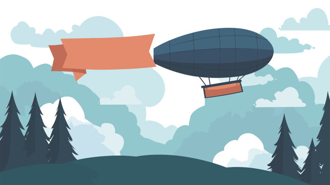 Vector illustration of a blimp flying in the sky with a trailing banner, customizable space for personal or promotional text, clear blue background with soft clouds, ideal for advertising - Powered by Adobe