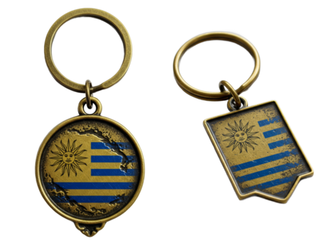Artisan Uruguay flag keychains showcasing vintage brass finish and distressed textures