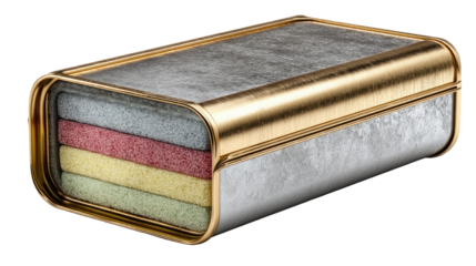 Colorful textile in Elegant Metal Box: A detailed shot of a rectangular metal box with a beautiful design, showing a stack of colorful textiles inside, showcasing both elegance and vibrancy.