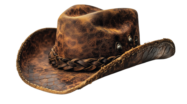 Shiny brown leather cowboy hat with curved brim and rich braided headband in vintage style on transparent background