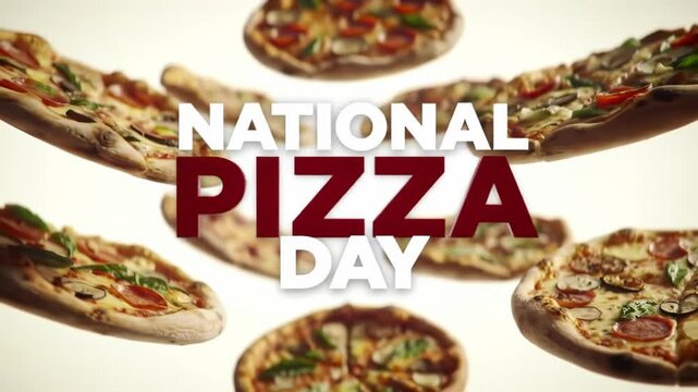 Many savory round pizzas with diverse ingredients float freely in air, vibrant colorful toppings. National Pizza Day