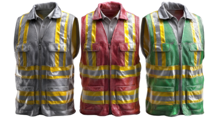 Safety Vest Collection: A trio of safety vests, each in a unique color palette and design, stands as a powerful symbol of workplace safety and protection.