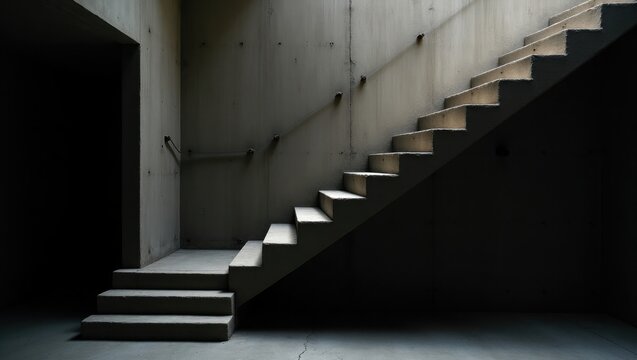 El interior brutalista presenta una escalera estrecha y empinada con una geometría nítida y en zigzag, cada escalón y contrahuella