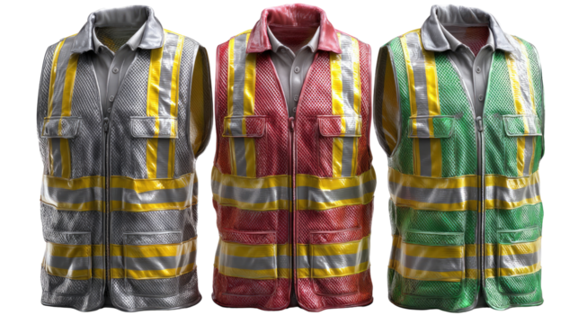 Safety Vest Collection: A trio of safety vests, each in a unique color palette and design, stands as a powerful symbol of workplace safety and protection.