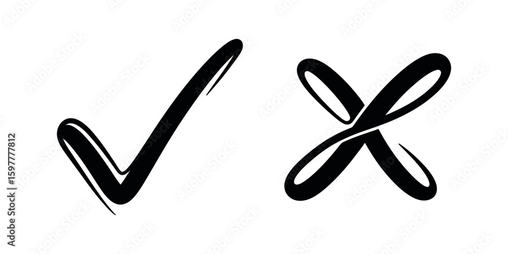 Poster elegant check and cross mark with calligraphic hand drawn flourish style for design element approval