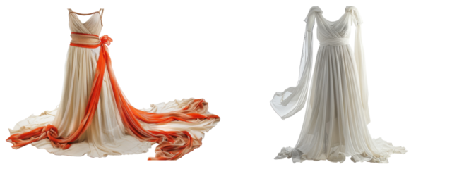 Two elegant flowing gowns with transparent background