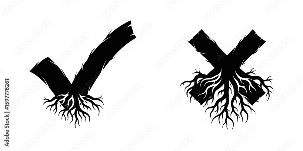 Poster organic check and cross mark symbol made of tree root for nature theme design element validation cho