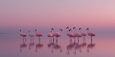 Obraz premium group of flamingos standing in shallow water