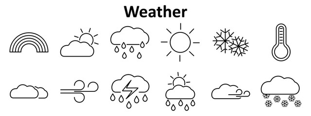 Weather set icon. Includes rainbow, sun with cloud, rain, full sun, snowflakes, thermometer, wind, thunderstorm, drizzle, cloudy snow.