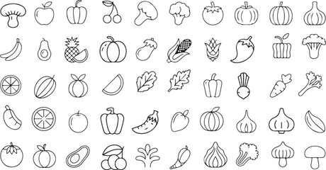 Fruits and Vegetables Icon Set – Healthy Food Line and Glyph Vector Collection.Fruits and vegetable icon set. Containing apple, banana, orange, grape, strawberry, watermelon, tomato, cucumber, cauli

