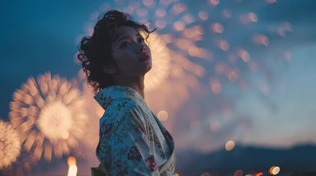 花柄の浴衣を着た日本の若い女性が夏の夜空の花火を見る後ろ姿：ロマンチックでノスタルジックな雰囲気｜花火,浴衣,夏祭り,女性,夜景

