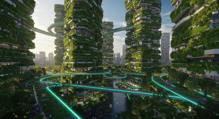 Futuristic urban landscape featuring green architecture and vibrant pathways amidst high rise buildings in a city setting