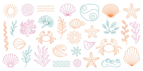 Hand Drawn Summer Vintage Sticker Set – Boho Palm Tree, Sun, Sea, Coral, Crab, Seashells in Groovy Style – Tropical Surf Club Travel Elements for Print and Design

