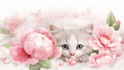 Adorable fluffy kitten with bright blue eyes peeks from behind large pink peonies. Butterflies flutter around soft pastel scene. Gentle illustration style, perfect for greeting cards, baby products,