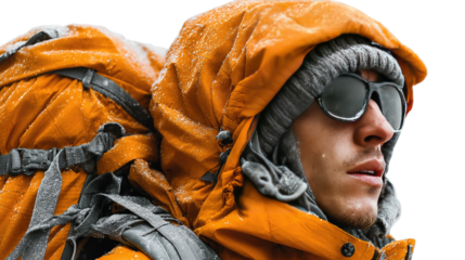 Adventure's Gaze: A determined adventurer, bundled in waterproof gear, gazes into the distance. Raindrops on his face, a testament to his unwavering resolve against the elements. 