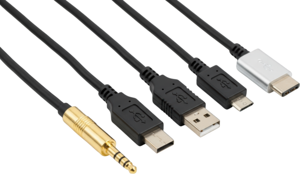 A collection of audio and USB cables including a 3 5mm jack and USB C connector isolate