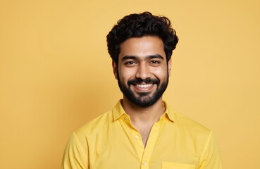 Obraz premium Portrait of a smiling Indian man in his 30s wearing a yellow collared shirt. He has a beard and dark curly hair. The background is a plain pastel yellow, creating a simple and cheerful atmosphere.