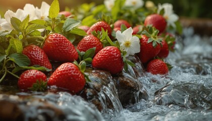 Summertime freshness captured with ripe red strawberries, white blooming flowers, green mint leaves nestled among natural rocks in flowing clear water. Vibrant, juicy fruit arrangement evokes healthy