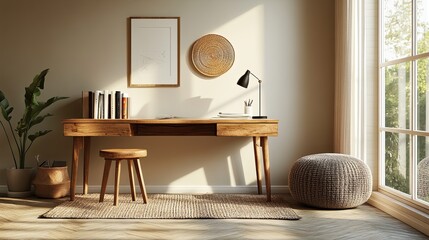 Home office with wooden desk, decor, books, lamp, pouf, and stucco walls in a stylish minimalist setting. 