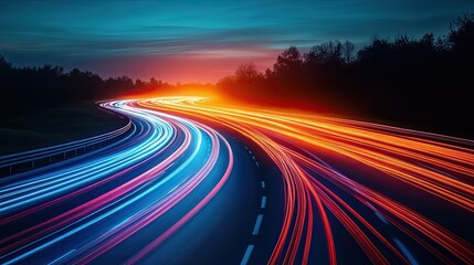 Highway with colorful light trails, dynamic motion effect, digital marketing concept, futuristic speed theme. 