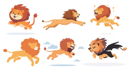 Obraz premium Dynamic vector graphic design of a flying angry lion in mid-jump, showcasing fierce expression, powerful muscles, and motion, ideal for wildlife, strength, courage, mascot, and sports logo concepts