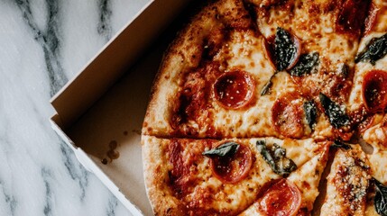 Slices of pepperoni pizza in a cardboard box.