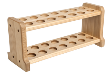 A light-colored wooden test tube rack