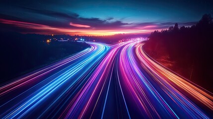 Highway with colorful light trails, dynamic motion effect, digital marketing concept, futuristic speed theme. 
