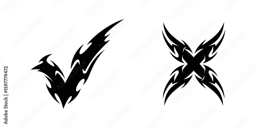 Poster abstract black check and cross mark with sharp tribal tattoo style for modern design element symbol 