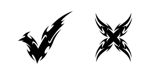 Abstract black check and cross mark with sharp tribal tattoo style for modern design element symbol validation choice option vector graphic