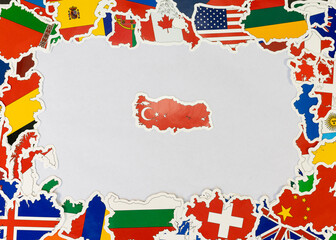 Turkey Map Filled in Flag Color Surrounded by World Country Flags on White Background