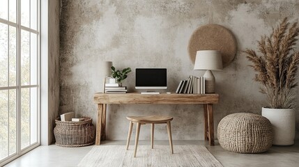 Home office with wooden desk, decor, books, lamp, pouf, and stucco walls in a stylish minimalist setting. 