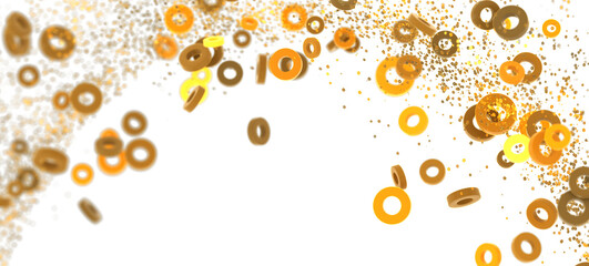 High-quality stock photo of abstract golden rings falling on white background. Perfect for design projects.