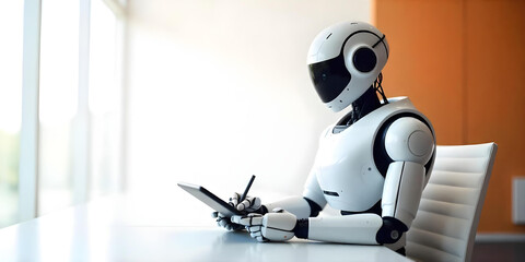 robot working in corporate office doing desk job on laptop, tablet office work concept