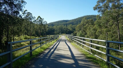 Highway with metal crash barriers surrounded by lush green forest under a clear blue sky on a bright day. 