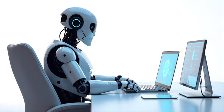 robot working in corporate office doing desk job on laptop, tablet office work concept