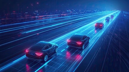High-tech highway illustration with holographic blue lines, advanced safety features, digital automotive tech. 