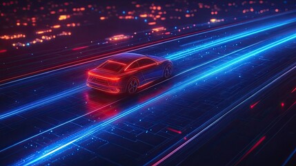 High-tech highway illustration with holographic blue lines, advanced safety features, digital automotive tech. 