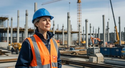 Confident female construction manager oversees site. Safety-conscious engineer in hardhat and safety vest, inspecting new building. Promotion for skilled trades, construction.