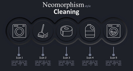 Cleaning set icon. Washing machine, brush, toilet paper, bleach bottle, detergent machine in neomorphism style with soft rounded buttons