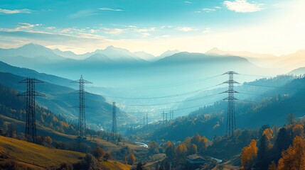 High-voltage transmission towers extending across mountain ranges, blending with the natural landscape. 
